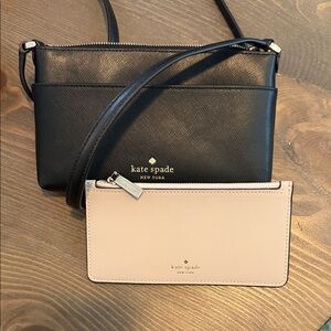 Kate Spade 2 piece Set, Black Crossbody with Blush Zipper Pouch, Like New